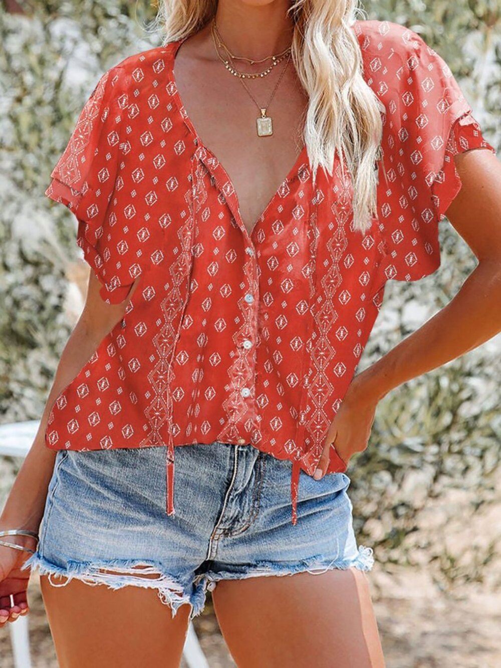 Red Printl V-Neck Flutter Sleeve Top